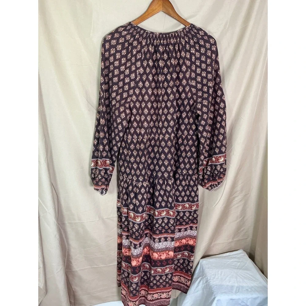 Old Navy Boho Midi Dress Womens Medium Brown Floral Tiered Excellent Tassel Tie